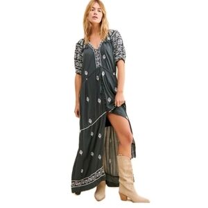 Free People Riley Embroidered Maxidress Duster Grey Bohemian Peasant Style: XS